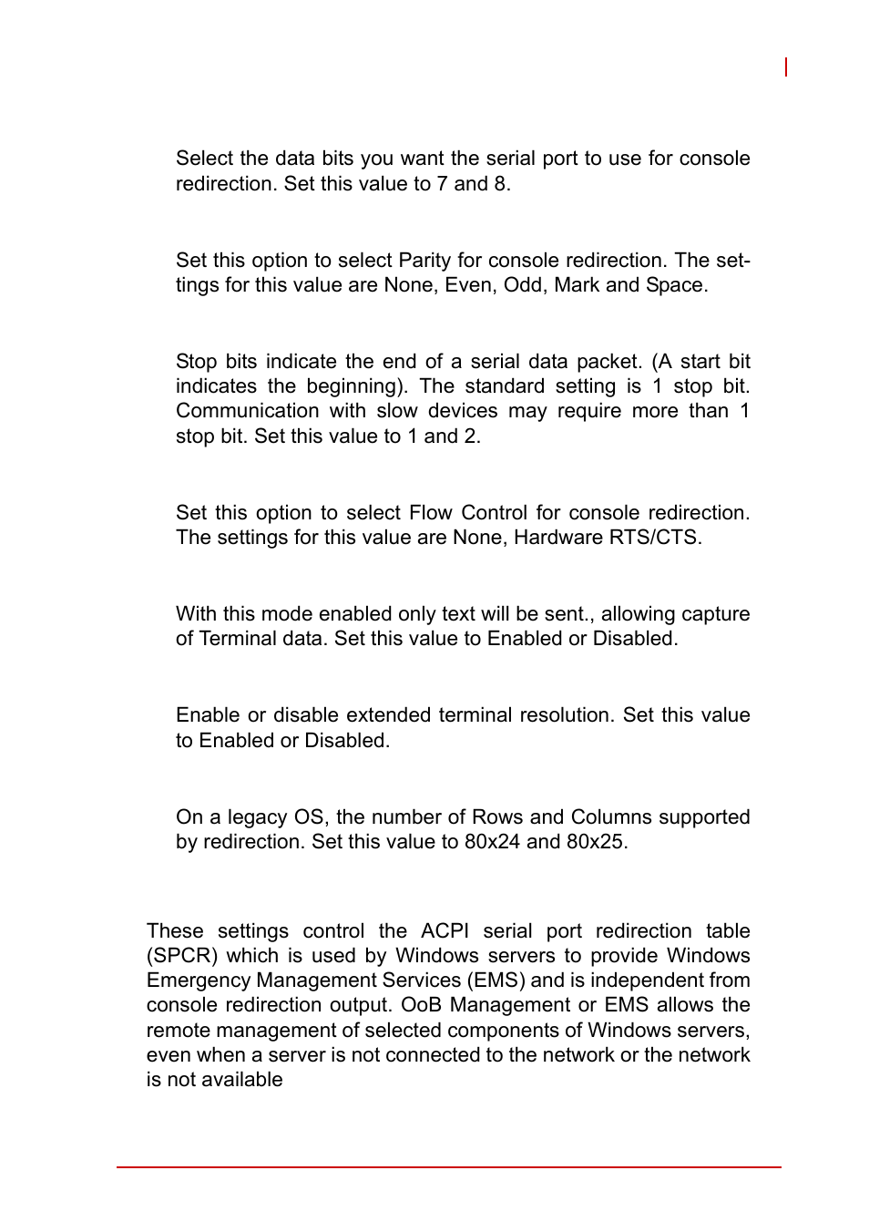 Data bits, Parity, Stop bits | Flow control, Record mode, Resolution 100x31, Legacy os redirection resolution, Serial port for out-of-band management | ADLINK MI-220 User Manual | Page 63 / 92