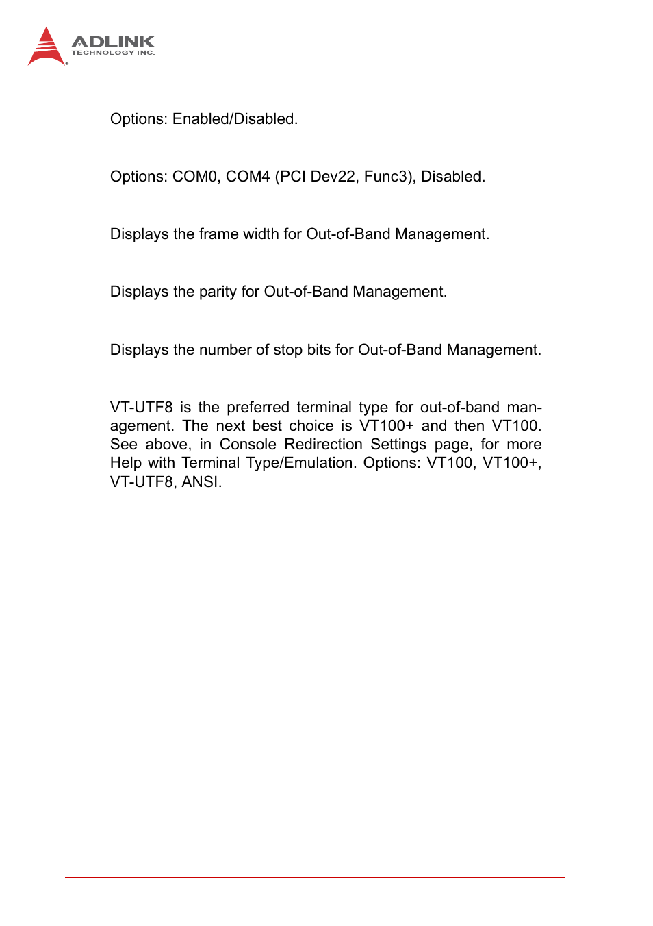 Console redirection, Out-of-band mgmt port, Data bits | Parity, Stop bits, Terminal type | ADLINK MI-220 User Manual | Page 64 / 92