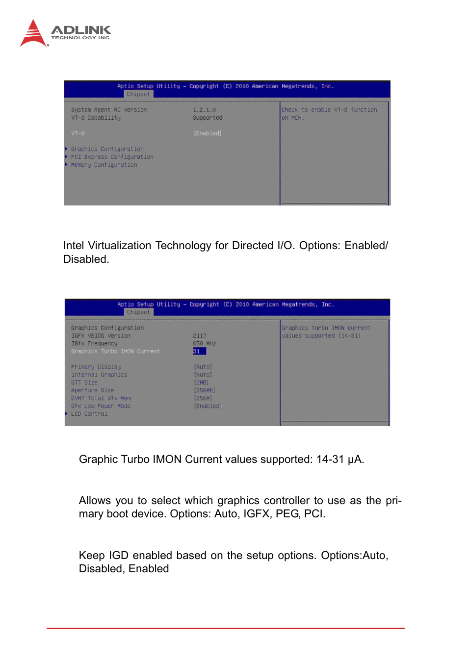 1 system agent (sa) configuration, Vt-d, Graphics configuration | Graphic turbo imon current, Primary display, Internal graphics | ADLINK MI-220 User Manual | Page 66 / 92