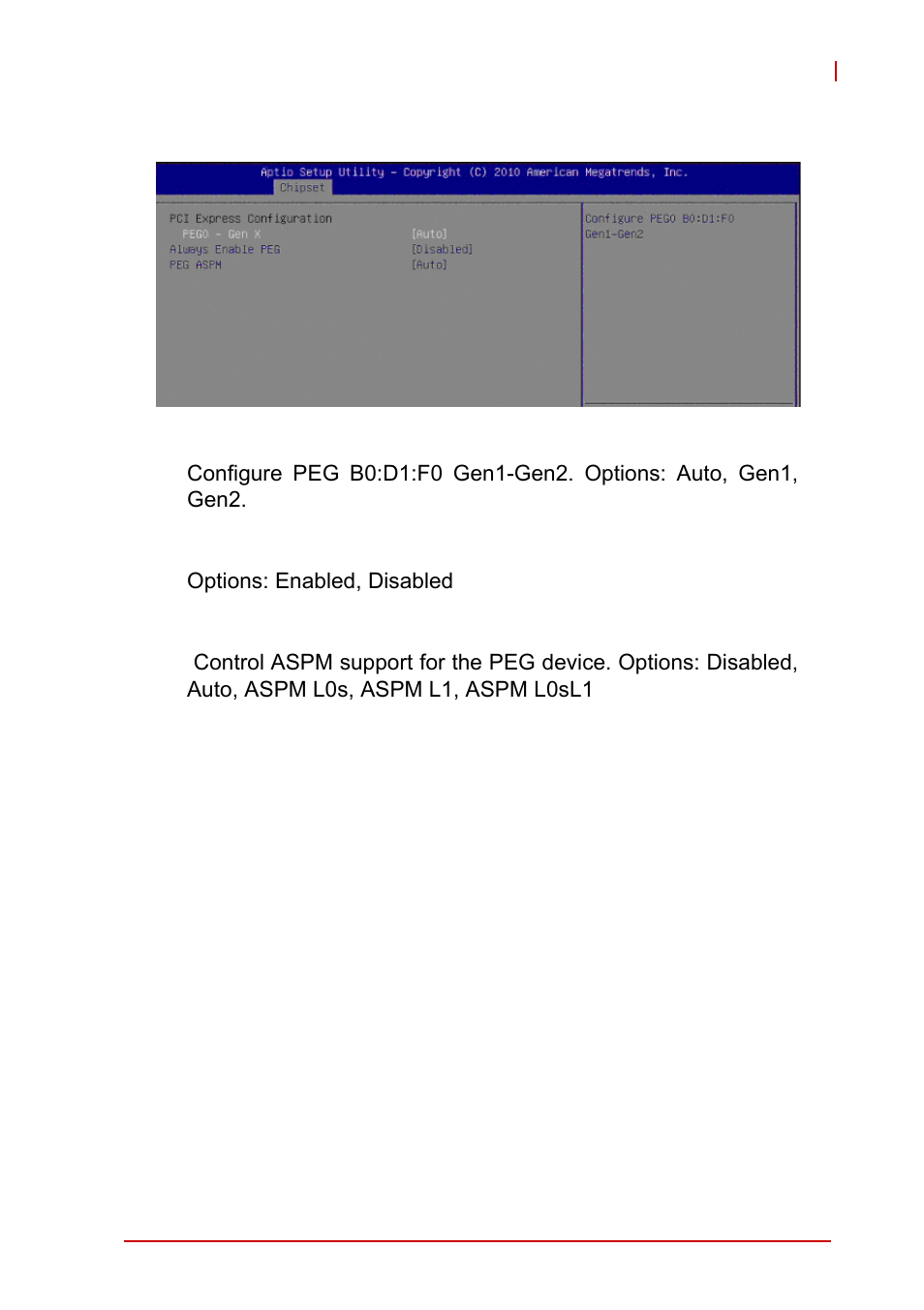 2 pci express configuration, Peg0 - gen x, Always enable peg | Peg aspm | ADLINK MI-220 User Manual | Page 69 / 92