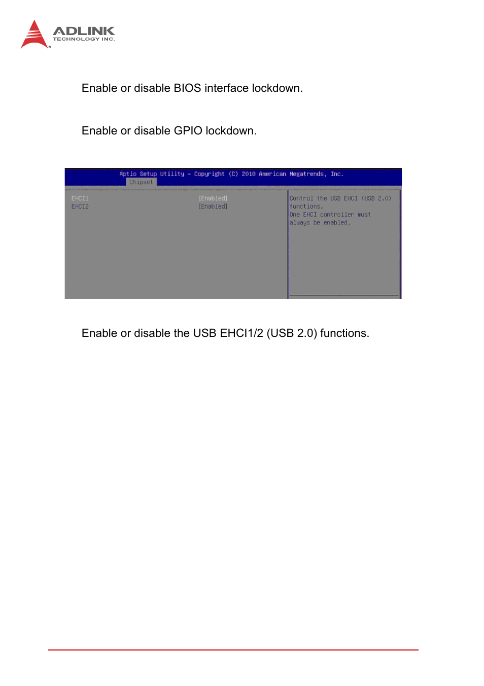 Bios lock, Gpio lock, Usb configuration | Ehci1/2 | ADLINK MI-220 User Manual | Page 72 / 92