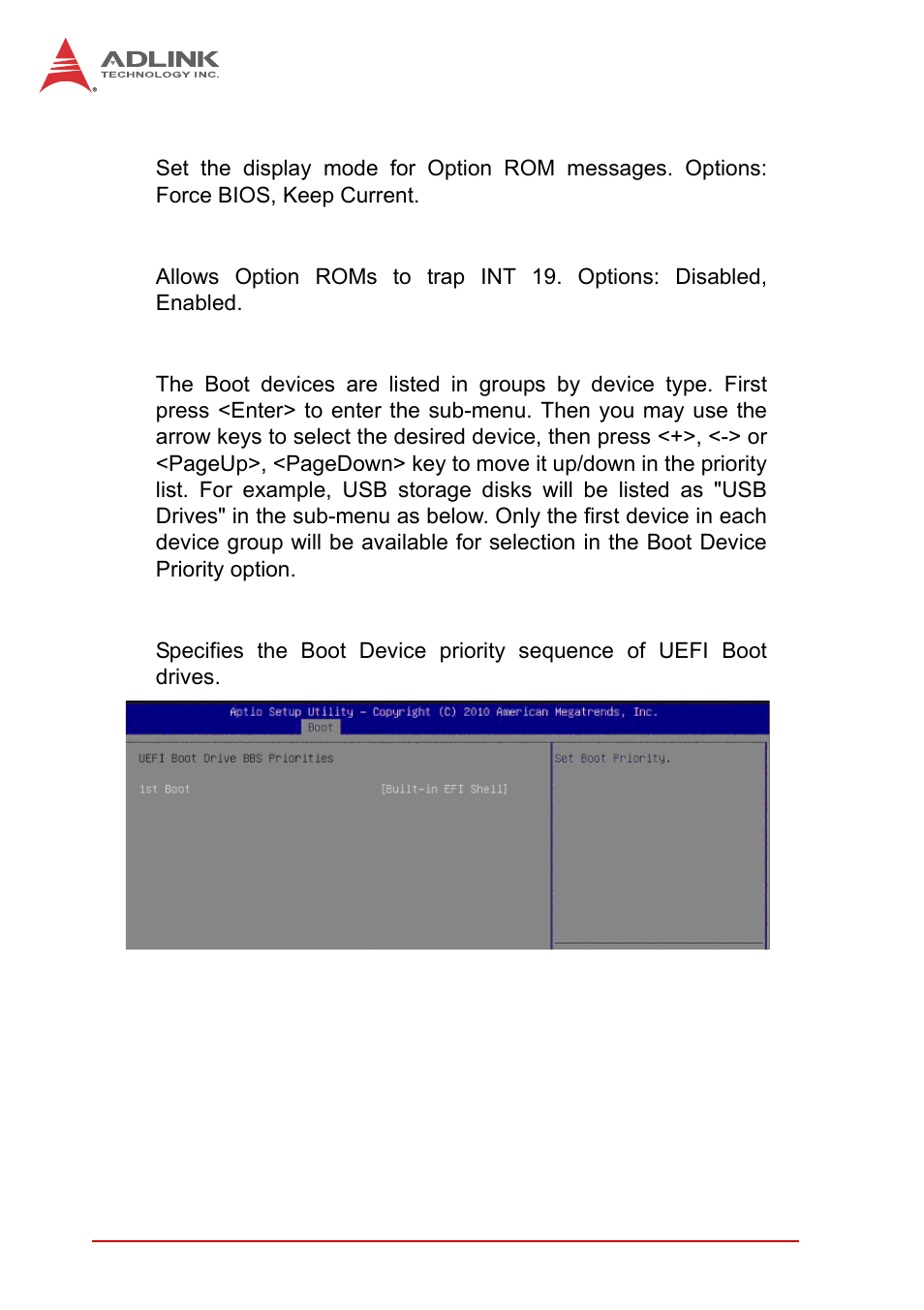 Option rom messages, Interrupt 19 capture, Set boot priorities | Uefi boot drive bbs priorities | ADLINK MI-220 User Manual | Page 74 / 92