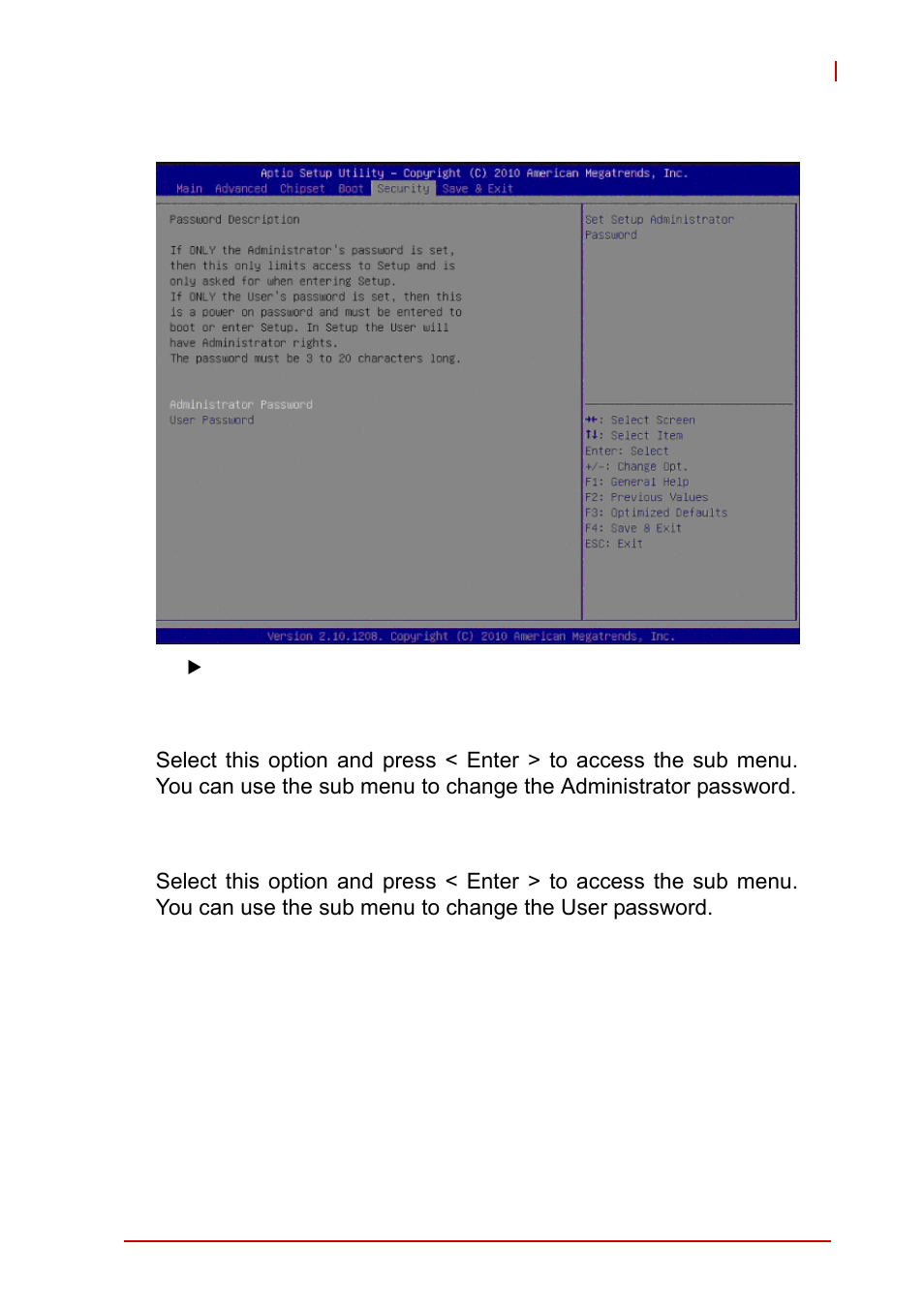 6 security setup, Administrator password, User password | Security setup | ADLINK MI-220 User Manual | Page 75 / 92