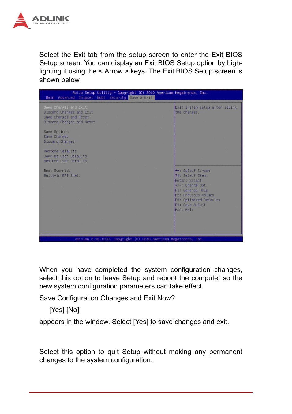 7 exit menu, Save changes and exit, Discard changes and exit | Exit menu | ADLINK MI-220 User Manual | Page 76 / 92