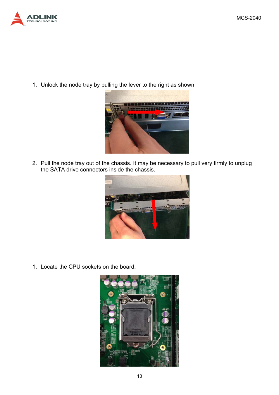 3 getting started, 1 removing a node tray from the chassis, 2 installing the cpu | Removing a node tray from the chassis, Installing the cpu | ADLINK MCS-2040 User Manual | Page 13 / 63