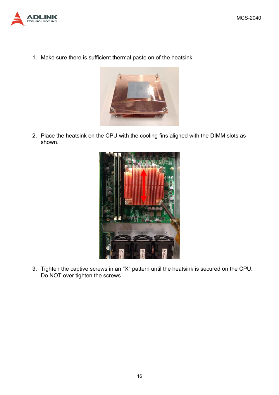 3 installing the heatsink, Installing the heatsink | ADLINK MCS-2040 User Manual | Page 16 / 63