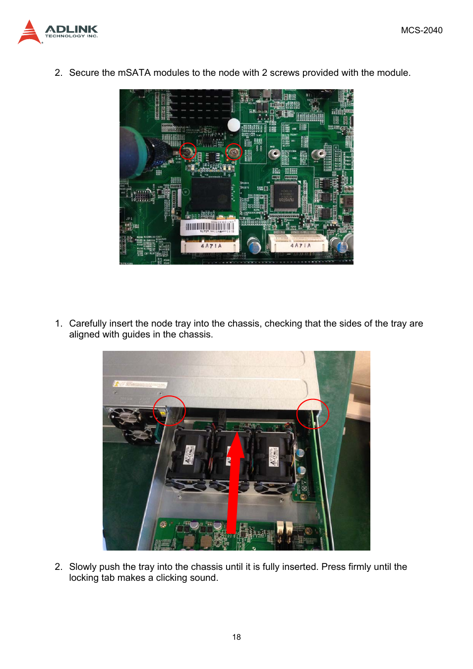 5 reinserting a node tray into the chassis, Reinserting a node tray into the chassis | ADLINK MCS-2040 User Manual | Page 18 / 63