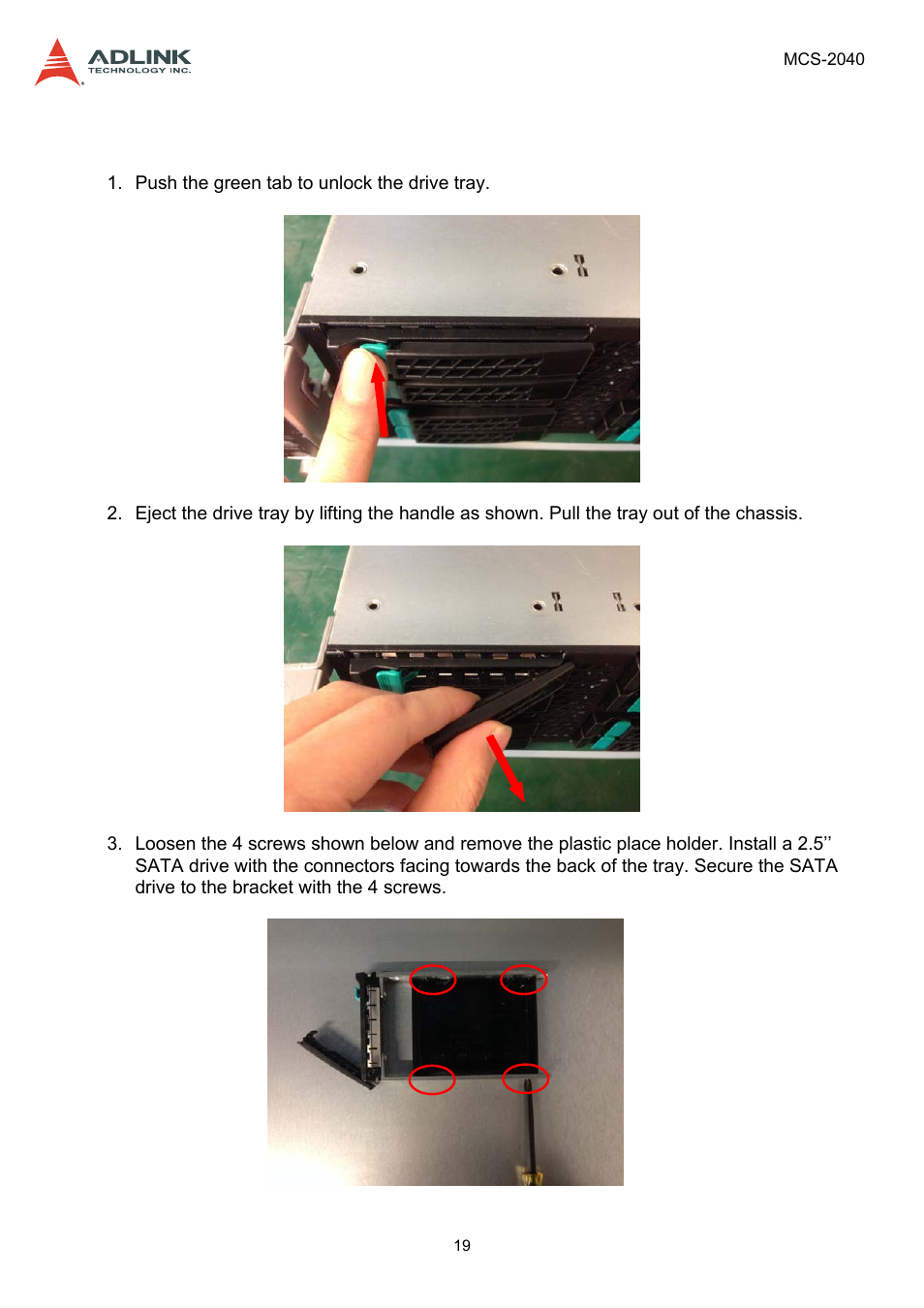 6 installing 2.5’’ sata drive, Installing 2.5’’ sata drive | ADLINK MCS-2040 User Manual | Page 19 / 63