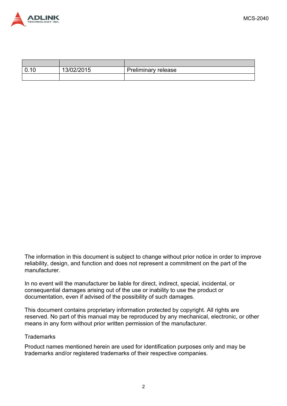 Revision history | ADLINK MCS-2040 User Manual | Page 2 / 63