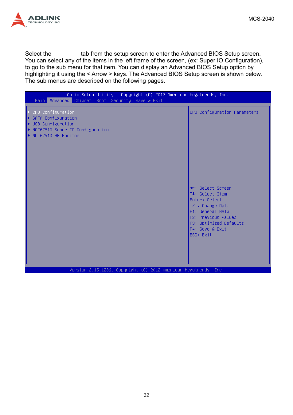 5 advanced bios setup, Advanced bios setup | ADLINK MCS-2040 User Manual | Page 32 / 63