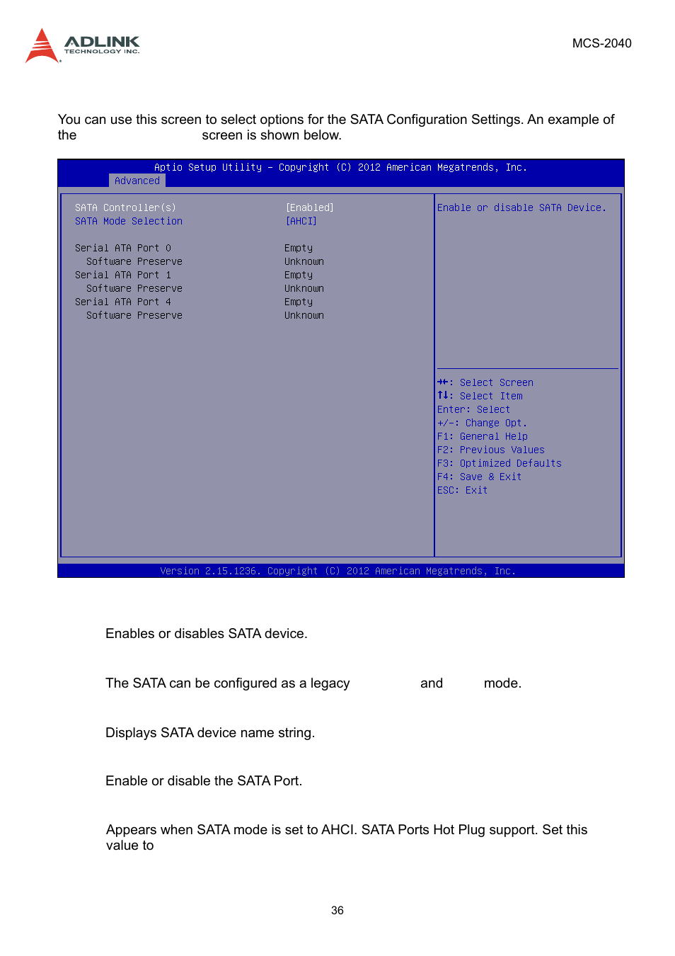 2 sata configuration, Sata configuration | ADLINK MCS-2040 User Manual | Page 36 / 63