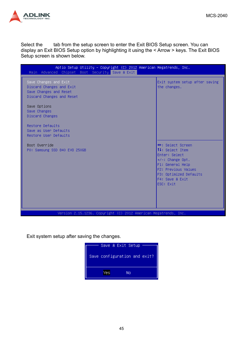 9 save & exit menu, Save & exit menu | ADLINK MCS-2040 User Manual | Page 45 / 63