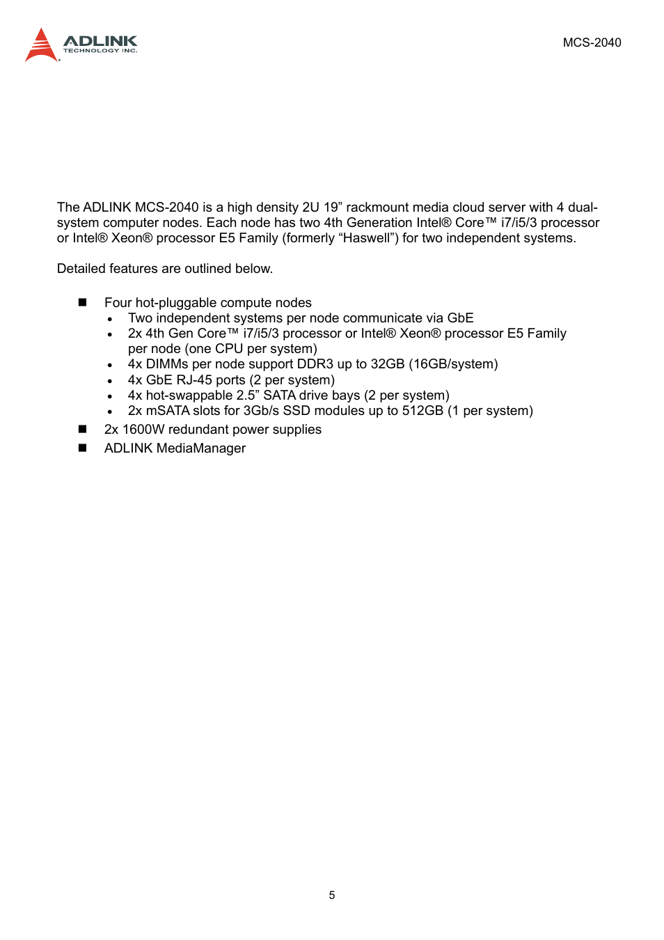 1 overview, 1 introduction, Introduction | ADLINK MCS-2040 User Manual | Page 5 / 63