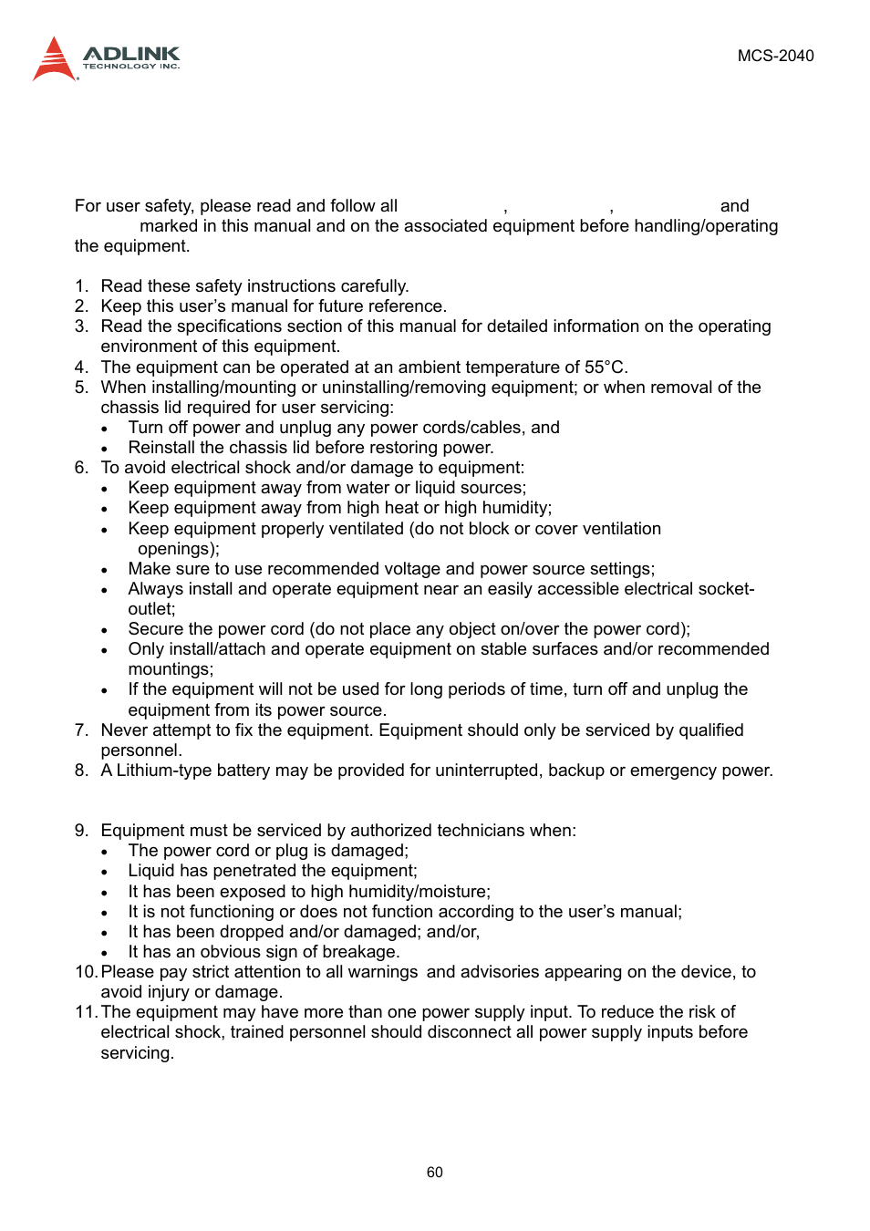 Safety instructions | ADLINK MCS-2040 User Manual | Page 60 / 63