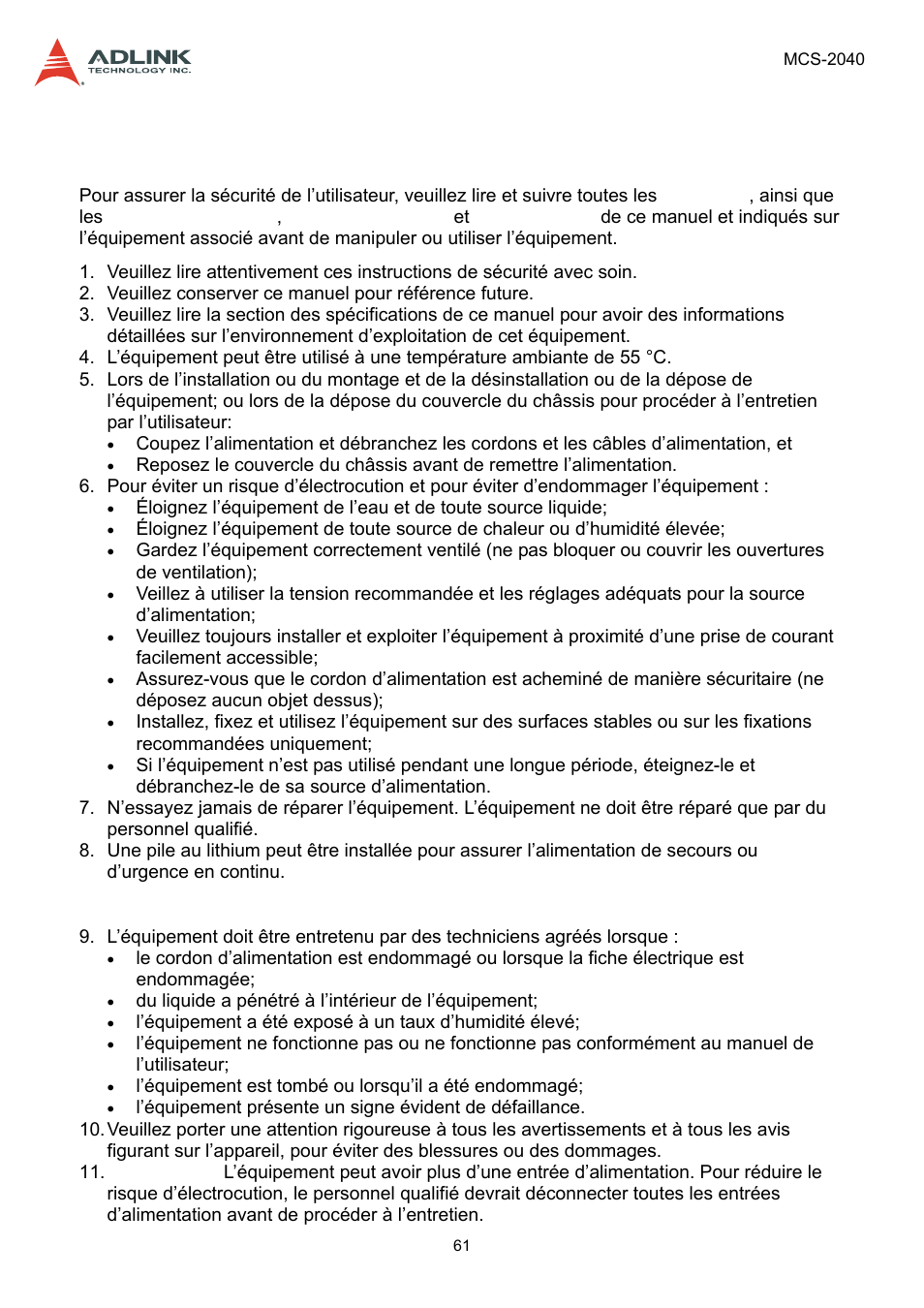 Consignes de sécurité importantes | ADLINK MCS-2040 User Manual | Page 61 / 63