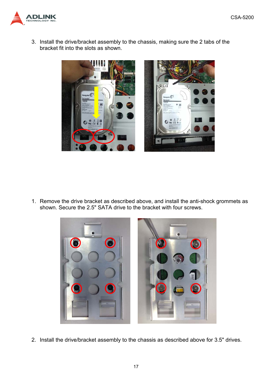 4 installing a 2.5" sata drive, Installing a 2.5" sata drive | ADLINK CSA-5200 User Manual | Page 17 / 69