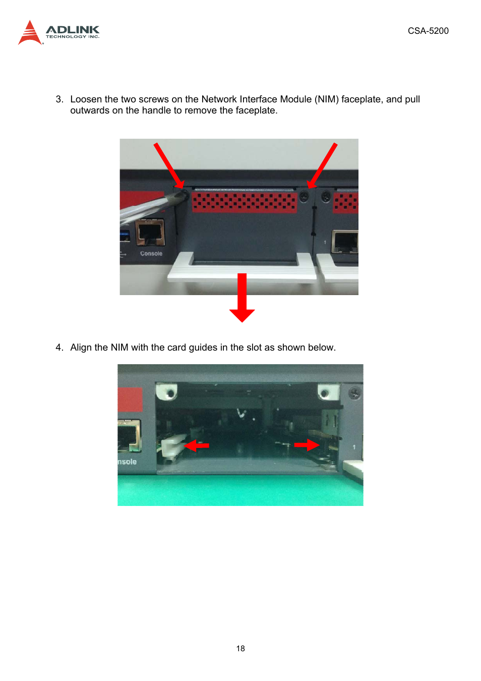 5 installing a network interface module, Installing a network interface module | ADLINK CSA-5200 User Manual | Page 18 / 69