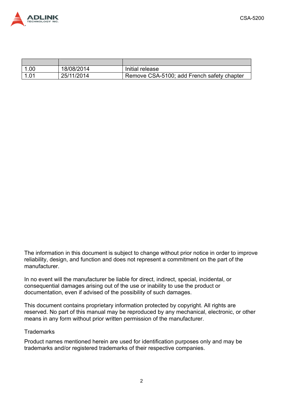 Revision history | ADLINK CSA-5200 User Manual | Page 2 / 69