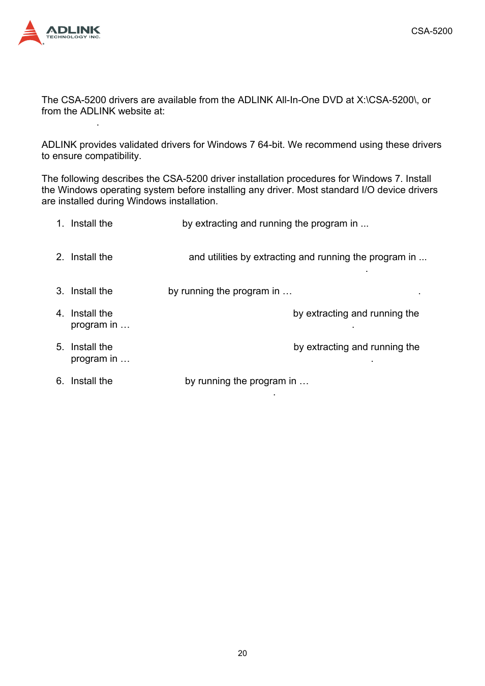 6 driver installation, Driver installation | ADLINK CSA-5200 User Manual | Page 20 / 69