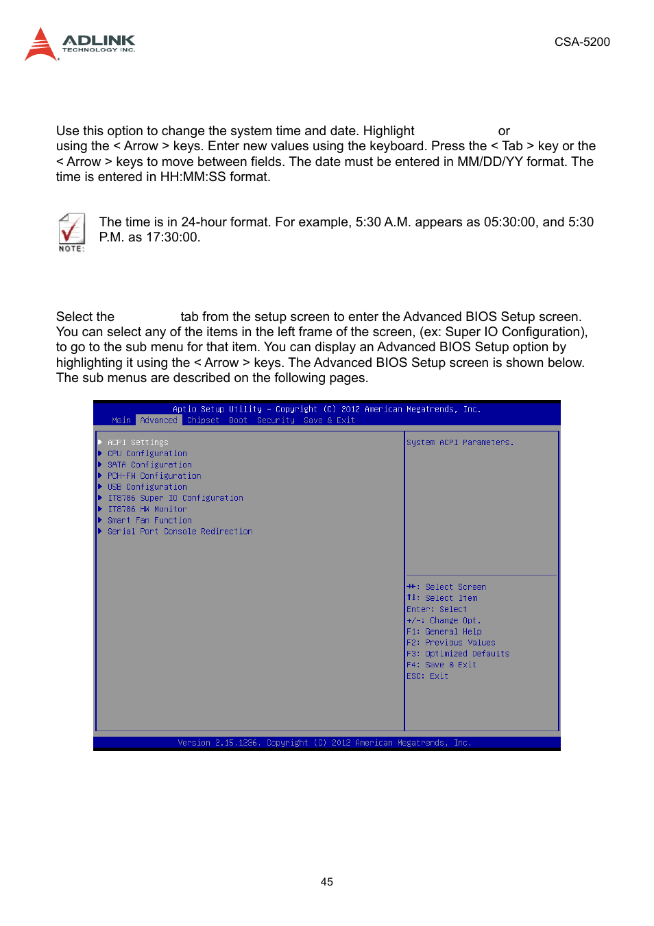 2 system date/system time, 5 advanced bios setup, System date/system time | Advanced bios setup | ADLINK CSA-5200 User Manual | Page 45 / 69