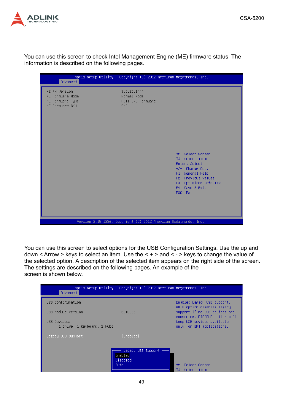 4 pch-fw configuration, 5 usb configuration, Pch-fw configuration | Usb configuration | ADLINK CSA-5200 User Manual | Page 49 / 69