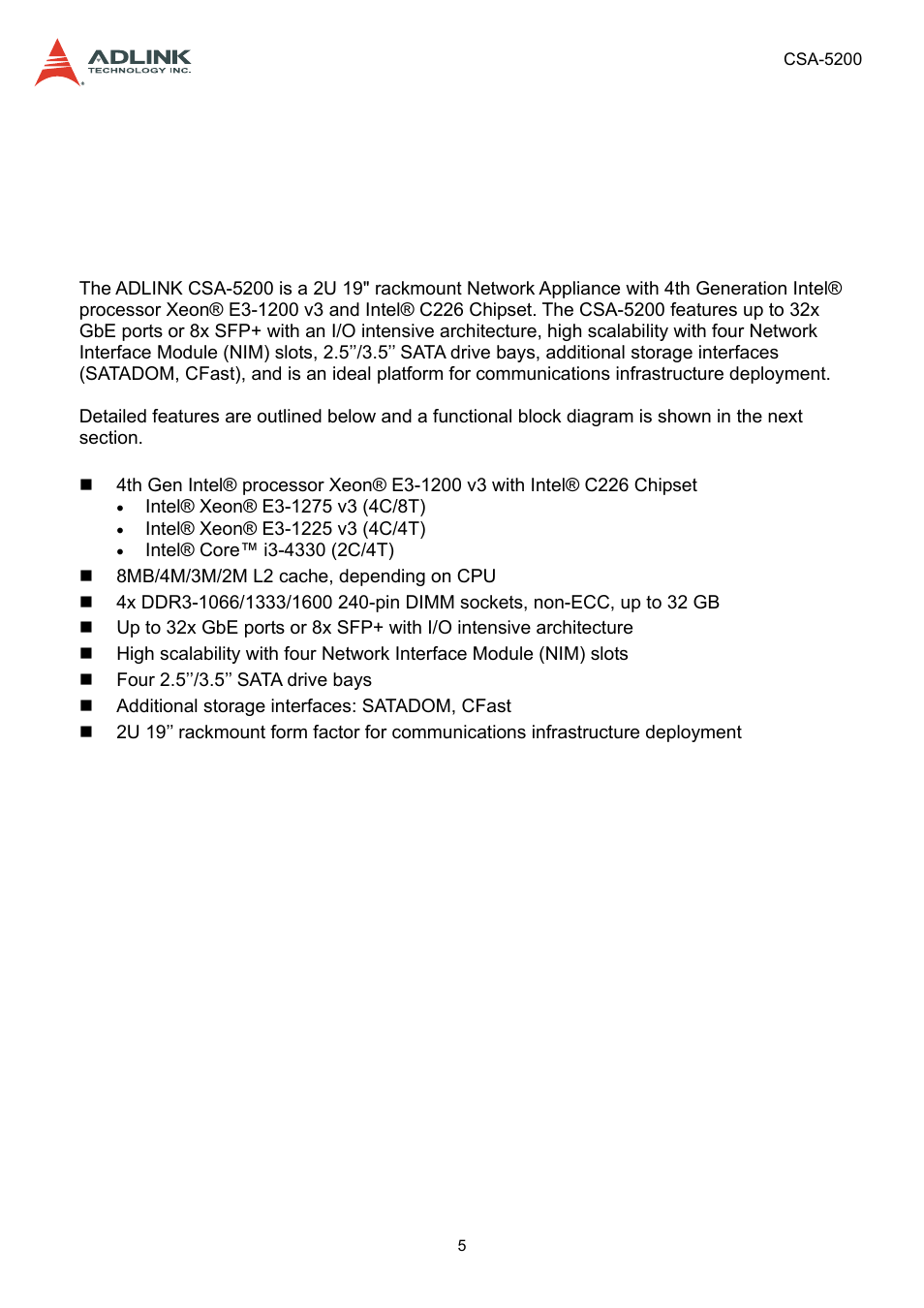 1 overview, 1 introduction, Introduction | ADLINK CSA-5200 User Manual | Page 5 / 69