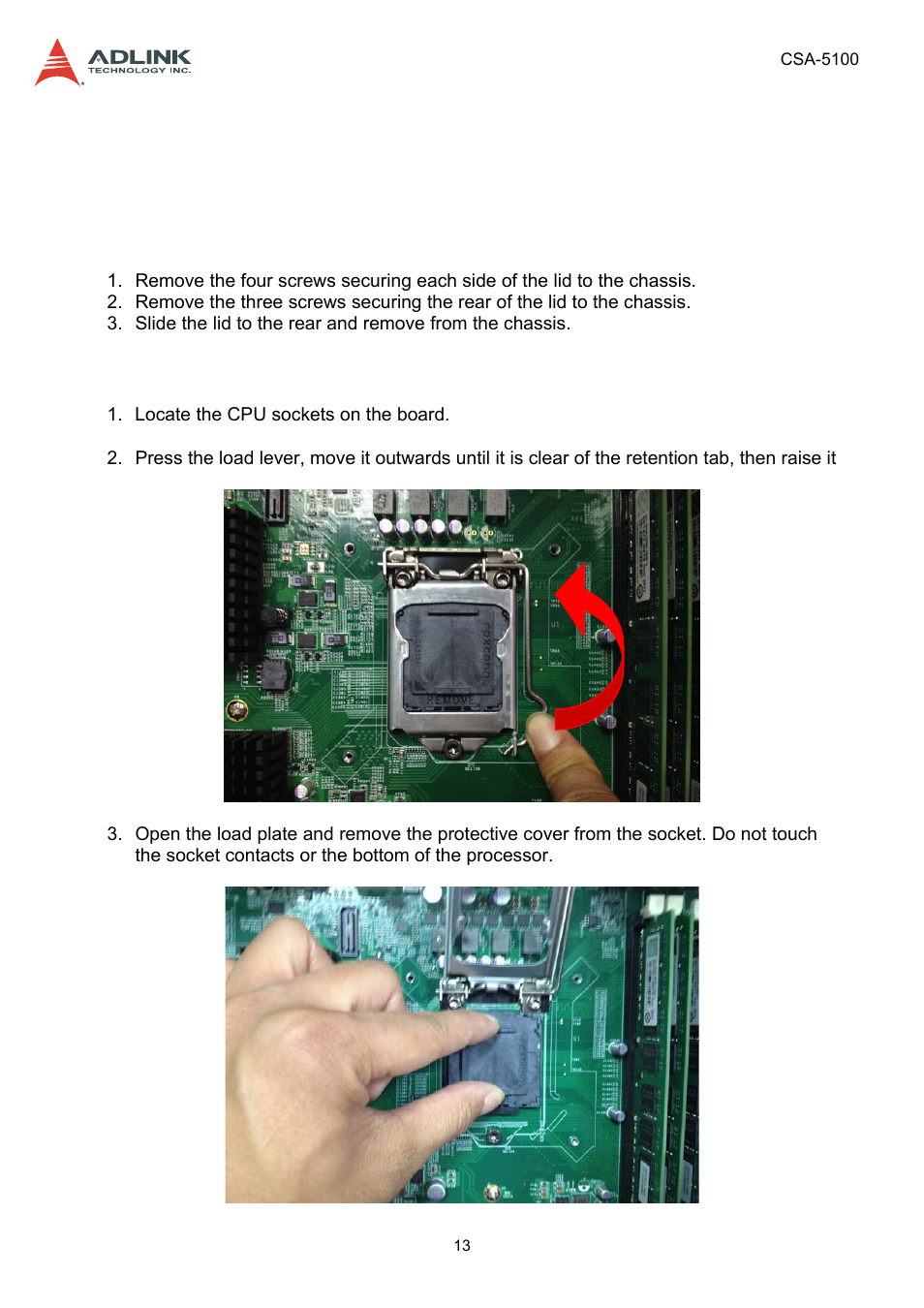 3 getting started, 1 removing the chassis lid, 2 installing the cpu/heatsink | Removing the chassis lid, Installing the cpu/heatsink | ADLINK CSA-5100 User Manual | Page 13 / 70