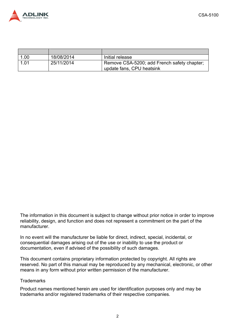 Revision history | ADLINK CSA-5100 User Manual | Page 2 / 70