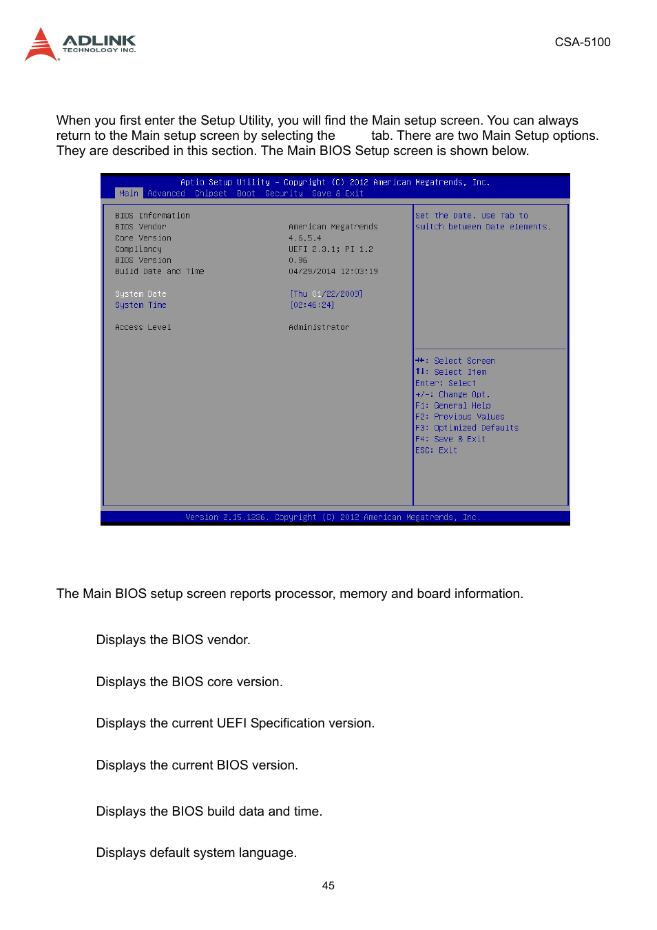 4 main setup, 1 system & board info, Main setup | System & board info | ADLINK CSA-5100 User Manual | Page 45 / 70