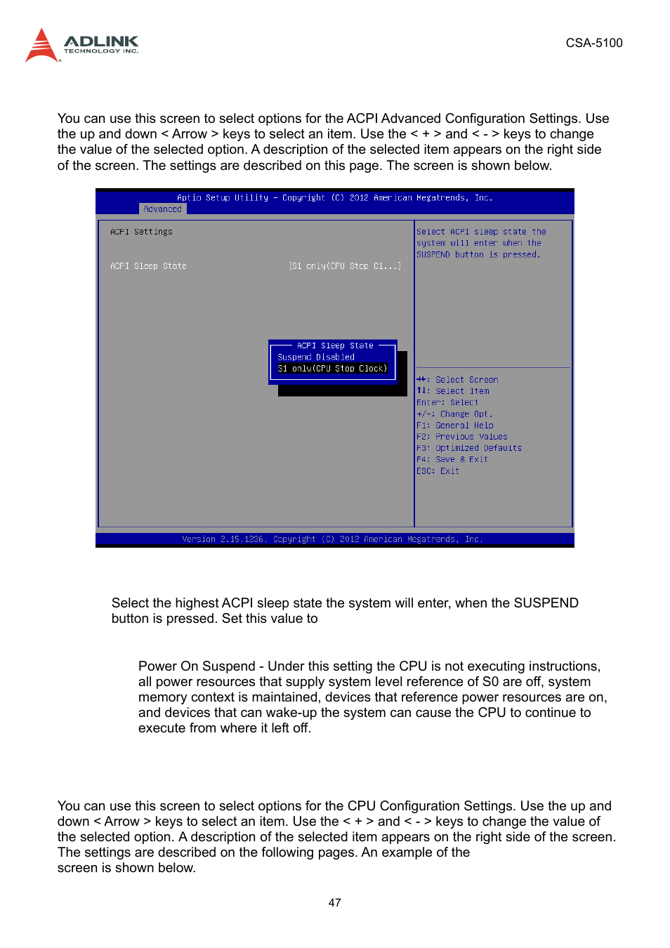 1 acpi settings, 2 cpu configuration, Acpi settings | Cpu configuration | ADLINK CSA-5100 User Manual | Page 47 / 70