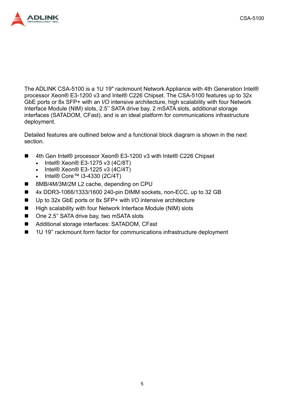 1 overview, 1 introduction, Introduction | ADLINK CSA-5100 User Manual | Page 5 / 70