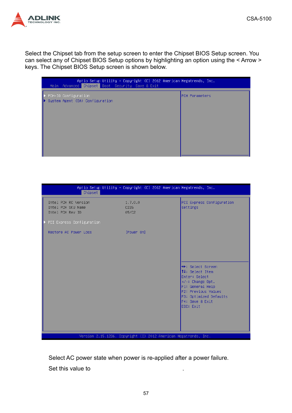 6 chipset setup, 1 pch-io configuration, Chipset setup | Pch-io configuration | ADLINK CSA-5100 User Manual | Page 57 / 70