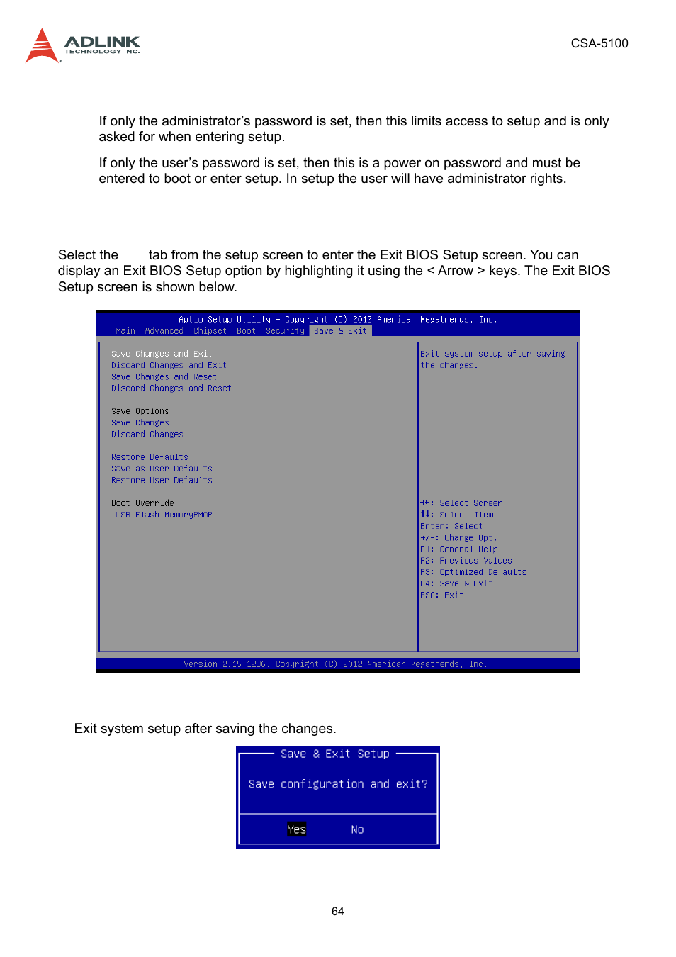 9 save & exit menu, Save & exit menu | ADLINK CSA-5100 User Manual | Page 64 / 70