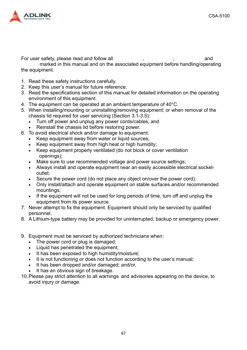 Safety instructions | ADLINK CSA-5100 User Manual | Page 67 / 70