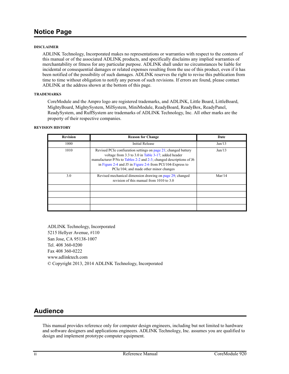 Notice page, Audience | ADLINK CoreModule 920 User Manual | Page 2 / 64