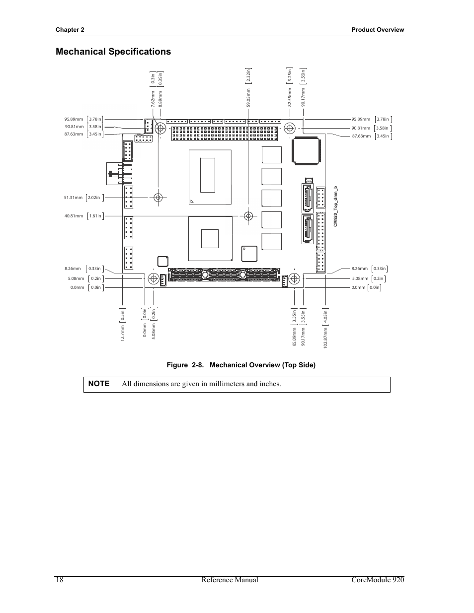 Mechanical specifications, Figure 2-8, Mechanical overview (top side) | Figure 2-8. mechanical overview (top side) | ADLINK CoreModule 920 User Manual | Page 24 / 64