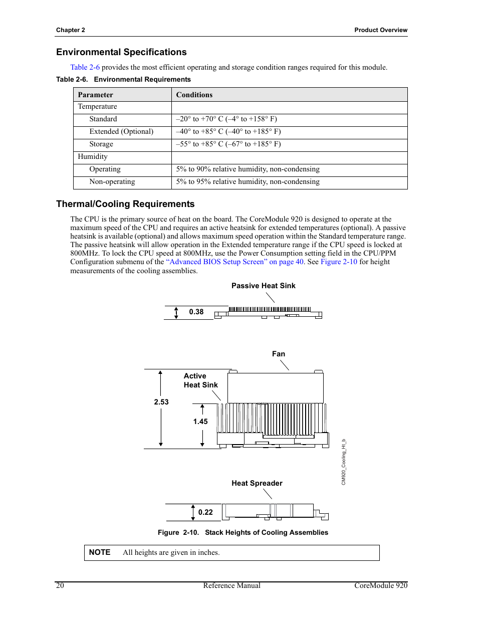 Figure 2-10. stack heights of cooling assemblies, Table 2-6, Environmental requirements | ADLINK CoreModule 920 User Manual | Page 26 / 64