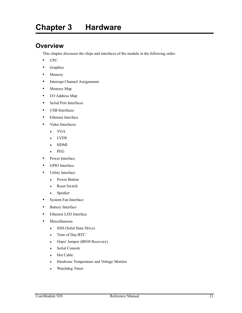 Chapter 3, Hardware, Overview | Chapter 3 hardware | ADLINK CoreModule 920 User Manual | Page 27 / 64