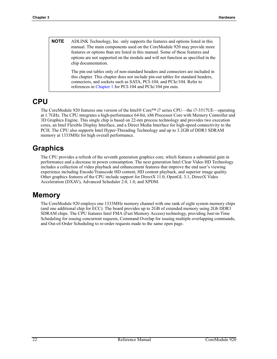 Cpu graphics memory, Graphics | ADLINK CoreModule 920 User Manual | Page 28 / 64