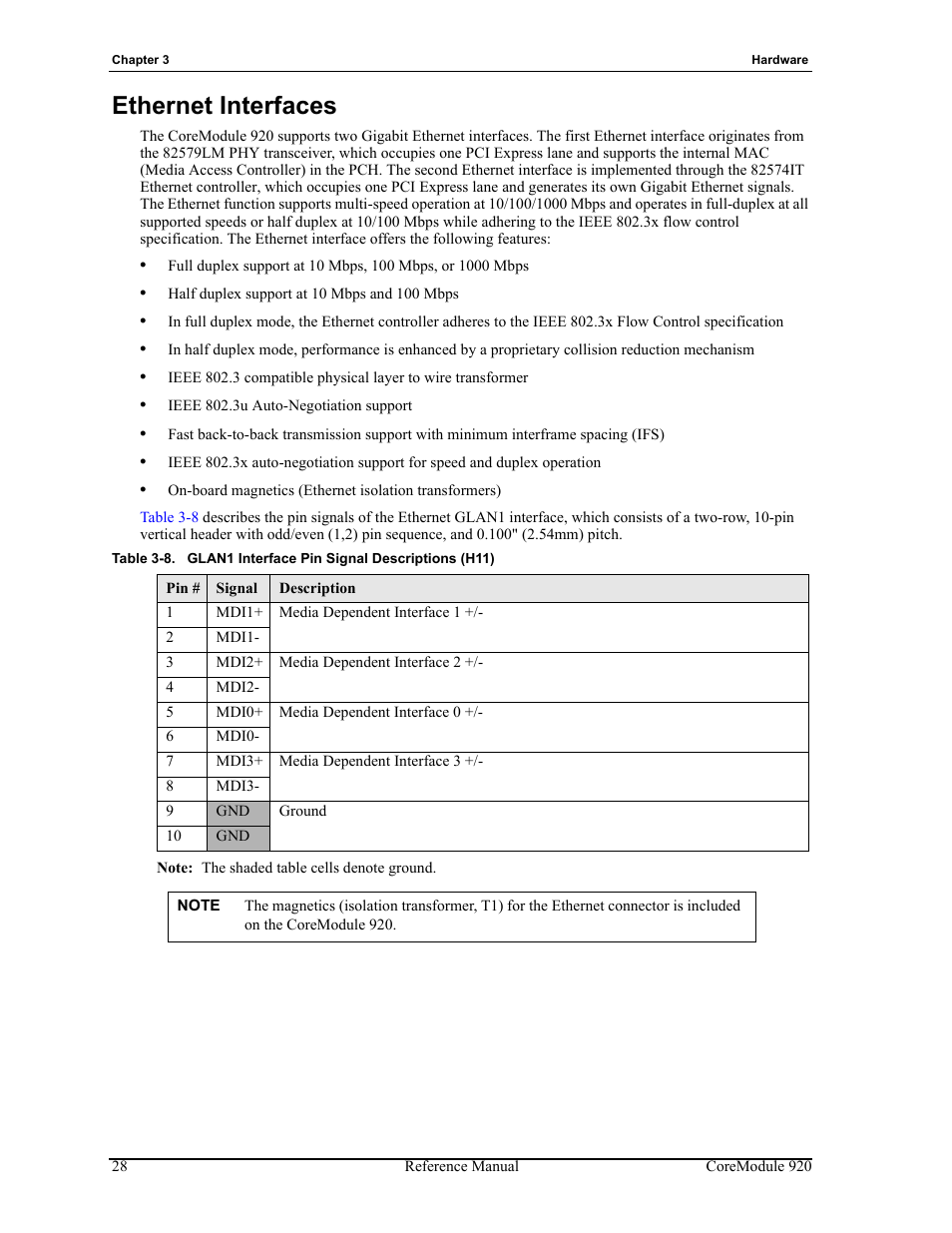 Ethernet interfaces, Table 3-8, Glan1 interface pin signal descriptions (h11) | ADLINK CoreModule 920 User Manual | Page 34 / 64