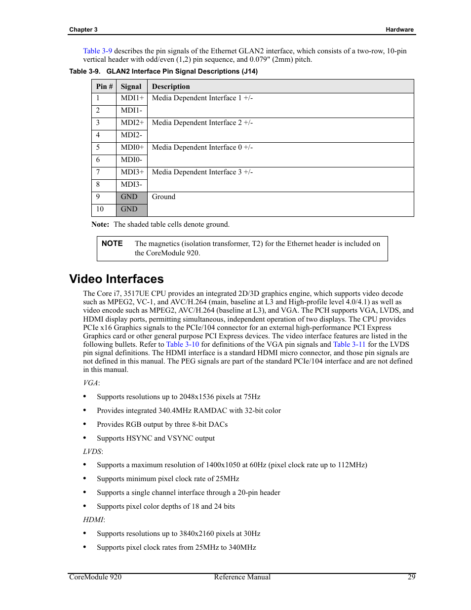 Video interfaces, Table 3-9, Glan2 interface pin signal descriptions (j14) | ADLINK CoreModule 920 User Manual | Page 35 / 64