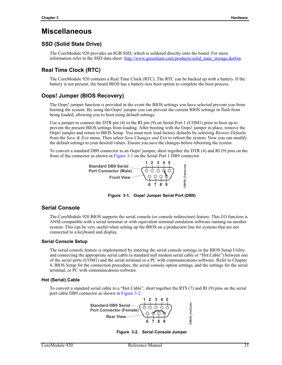 Miscellaneous, Serial console setup hot (serial) cable, Figure 3-1 | Oops! jumper serial port (db9), Figure 3-2, Serial console jumper | ADLINK CoreModule 920 User Manual | Page 41 / 64