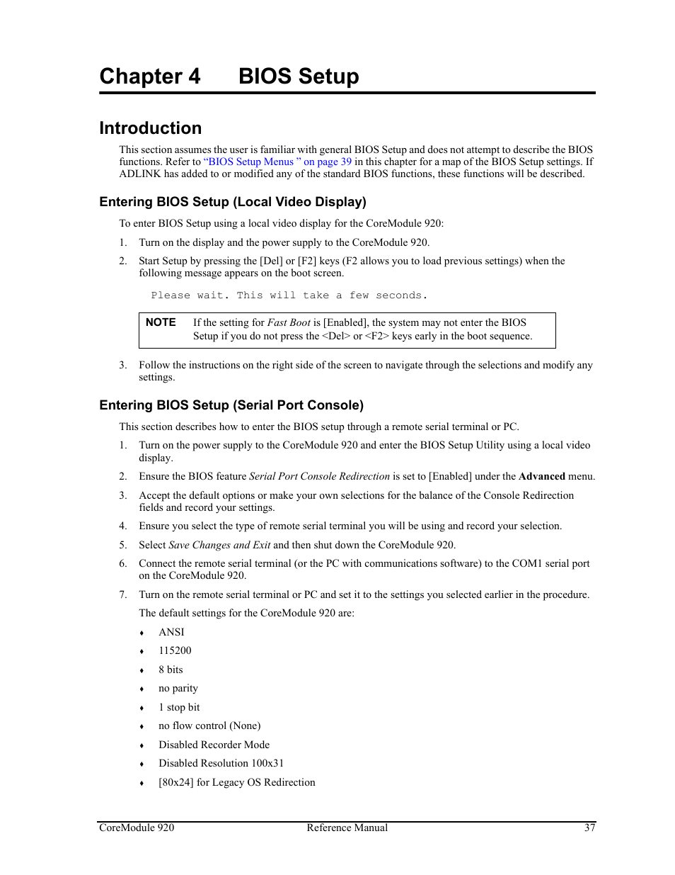 Chapter 4, Bios setup, Introduction | Chapter 4 bios setup | ADLINK CoreModule 920 User Manual | Page 43 / 64