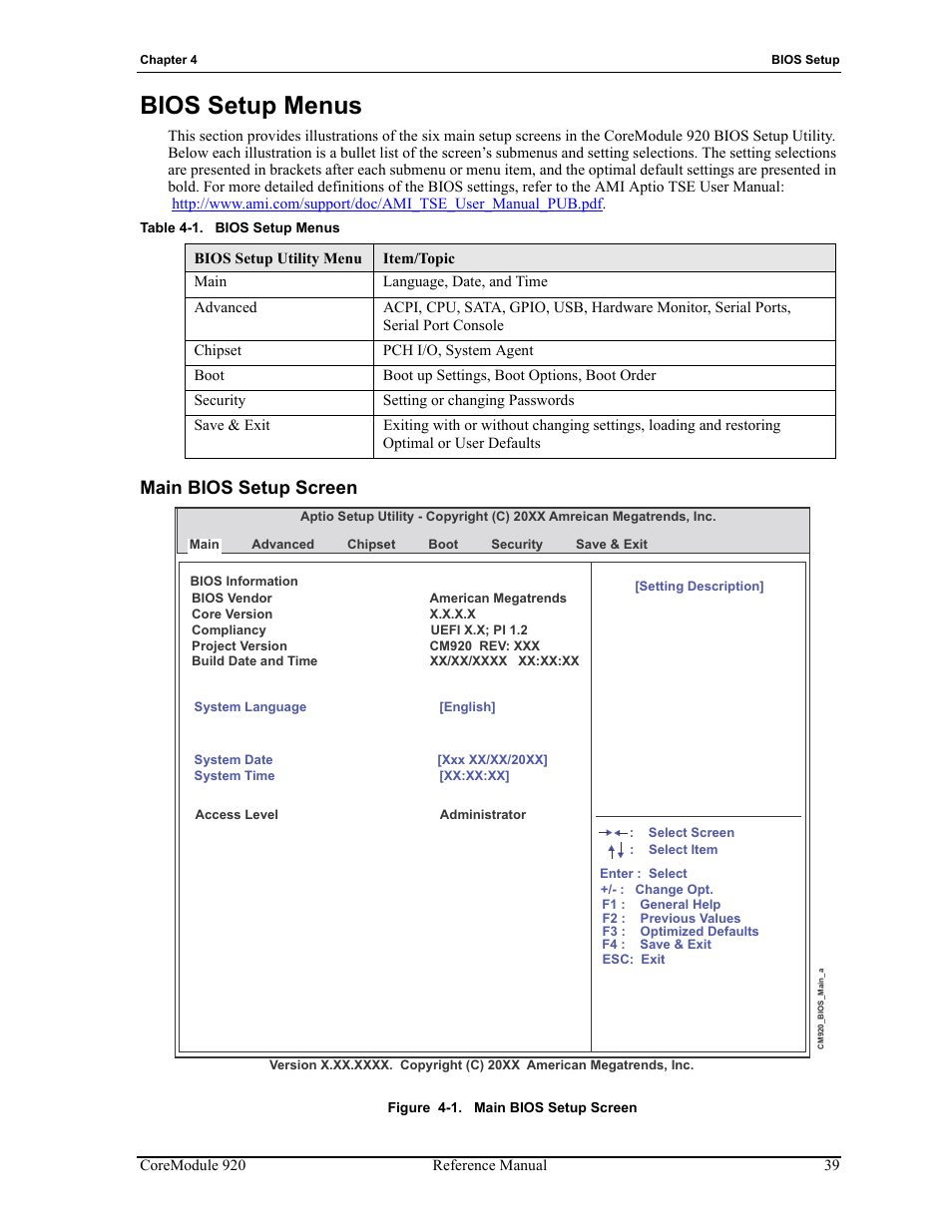 Bios setup menus, Main bios setup screen, Figure 4-1 | Table 4-1 | ADLINK CoreModule 920 User Manual | Page 45 / 64