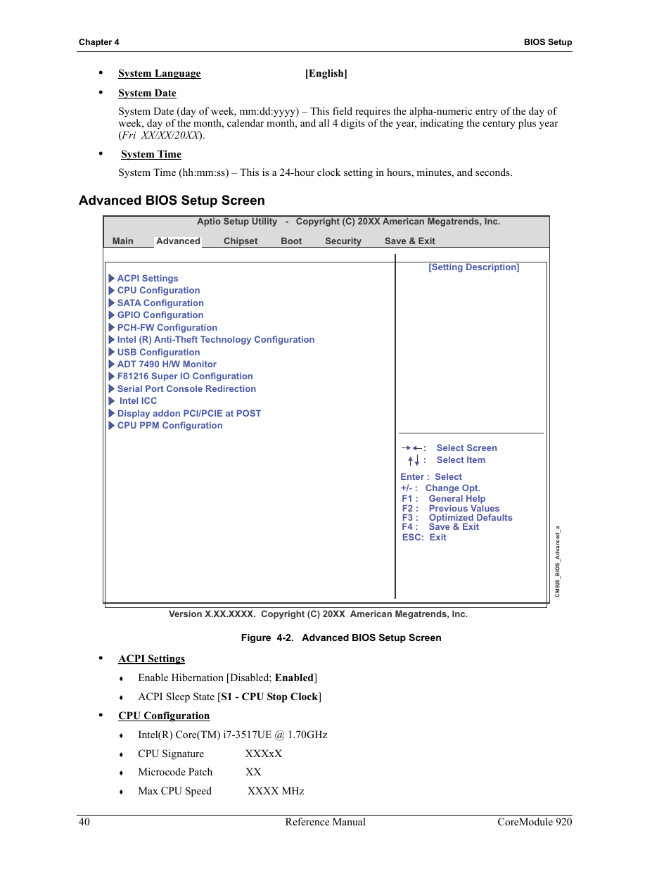 Advanced bios setup screen, Figure 4-2 | ADLINK CoreModule 920 User Manual | Page 46 / 64