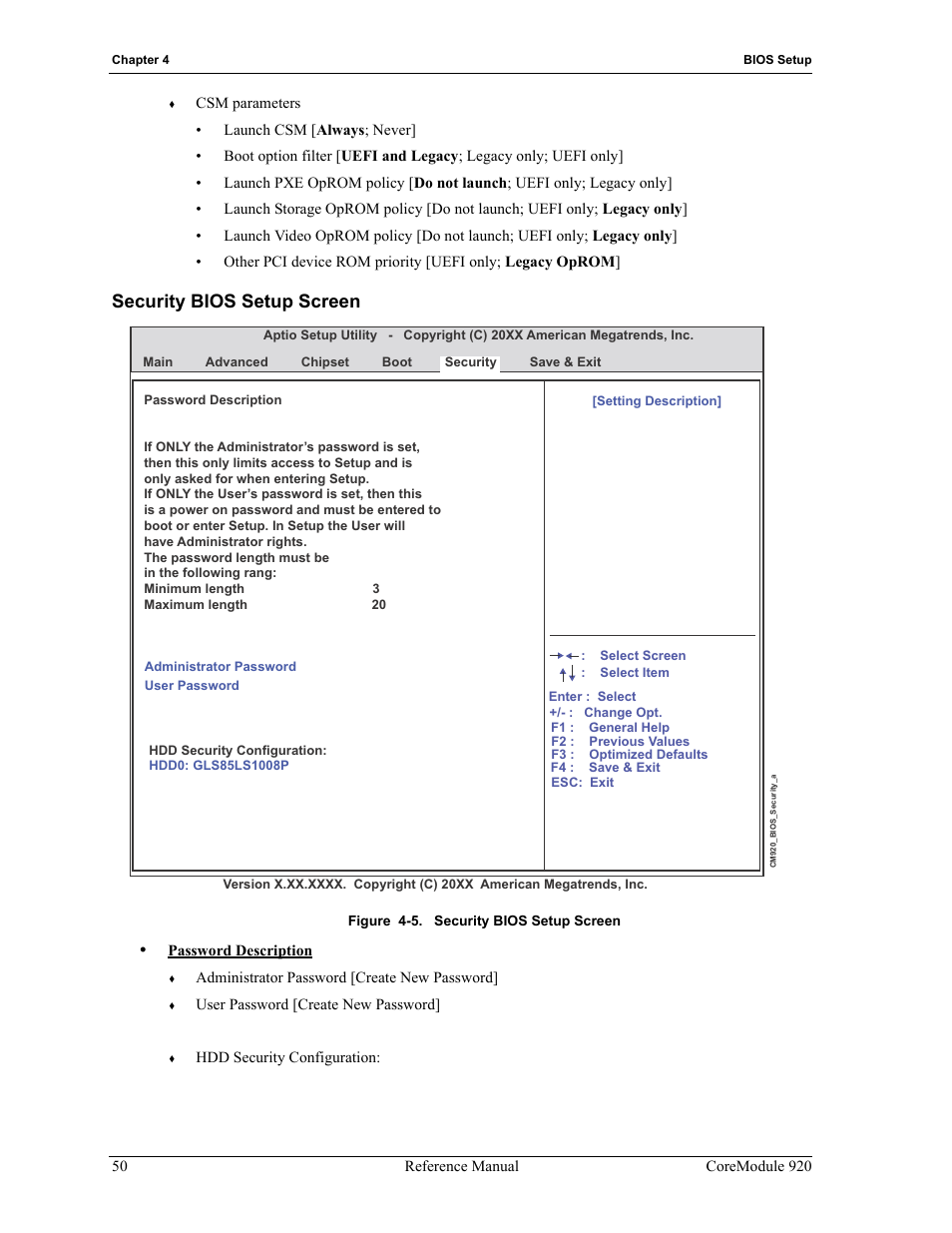 Security bios setup screen, Figure 4-5 | ADLINK CoreModule 920 User Manual | Page 56 / 64