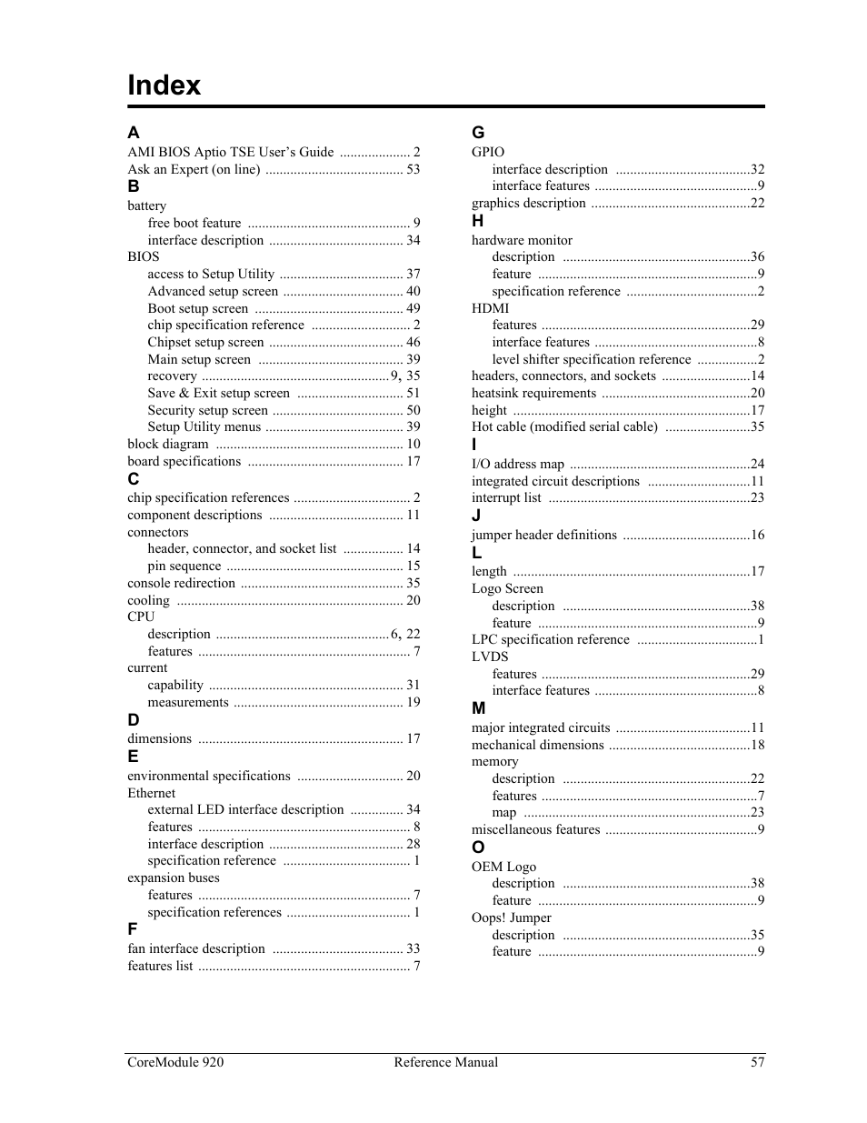 Index | ADLINK CoreModule 920 User Manual | Page 63 / 64