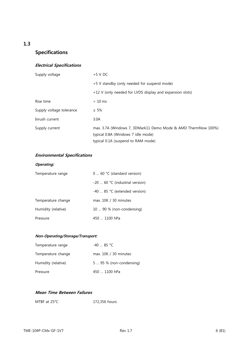 Specifications, Electrical specifications, Environmental specifications | Mean time between failures, 3 specifications | ADLINK CM3-GF User Manual | Page 14 / 93