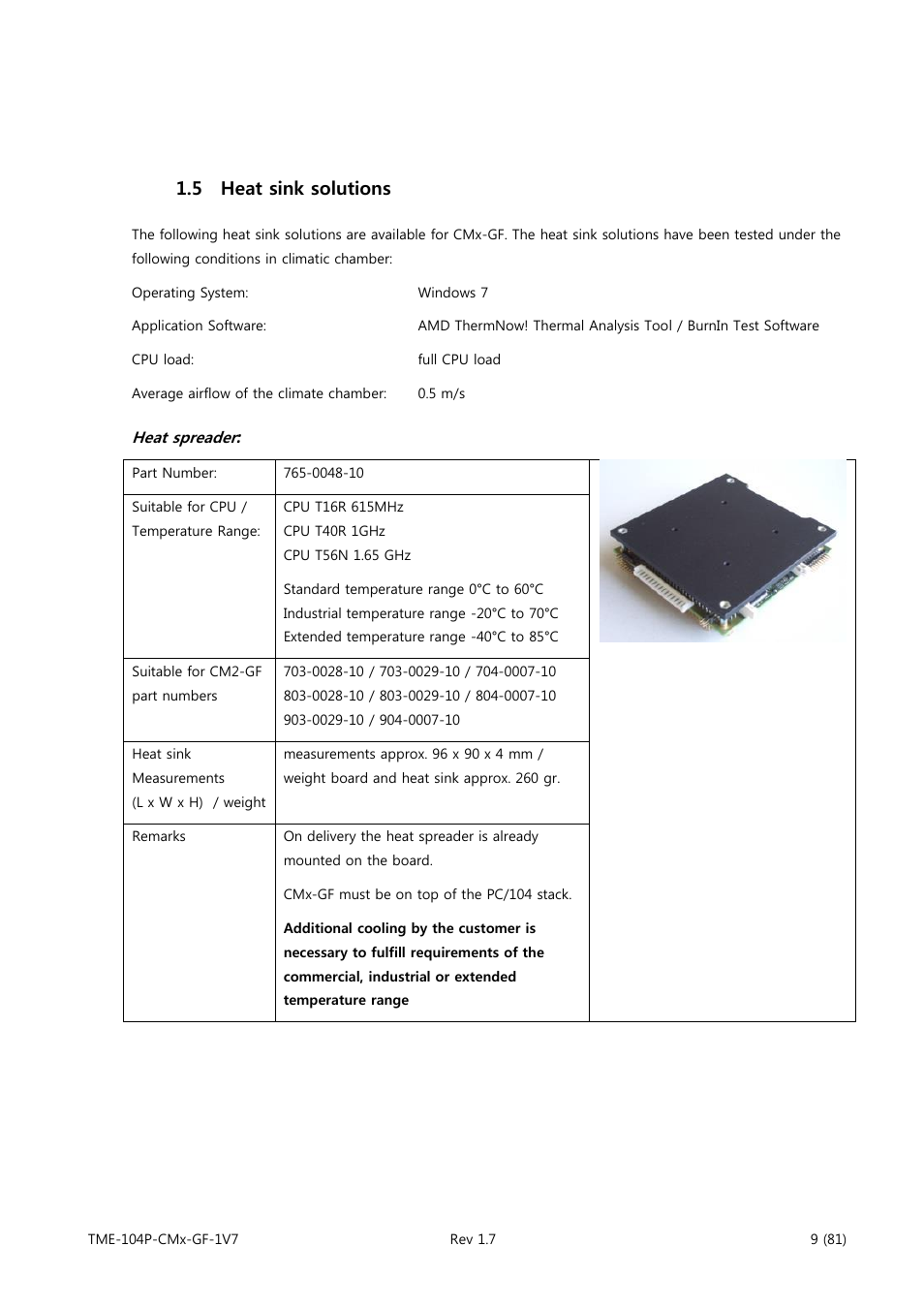 Heat sink solutions, Heat spreader, 5 heat sink solutions | ADLINK CM3-GF User Manual | Page 17 / 93