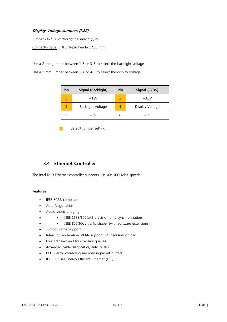 Display voltage jumpers (x22), Ethernet controller, 4 ethernet controller | ADLINK CM3-GF User Manual | Page 34 / 93
